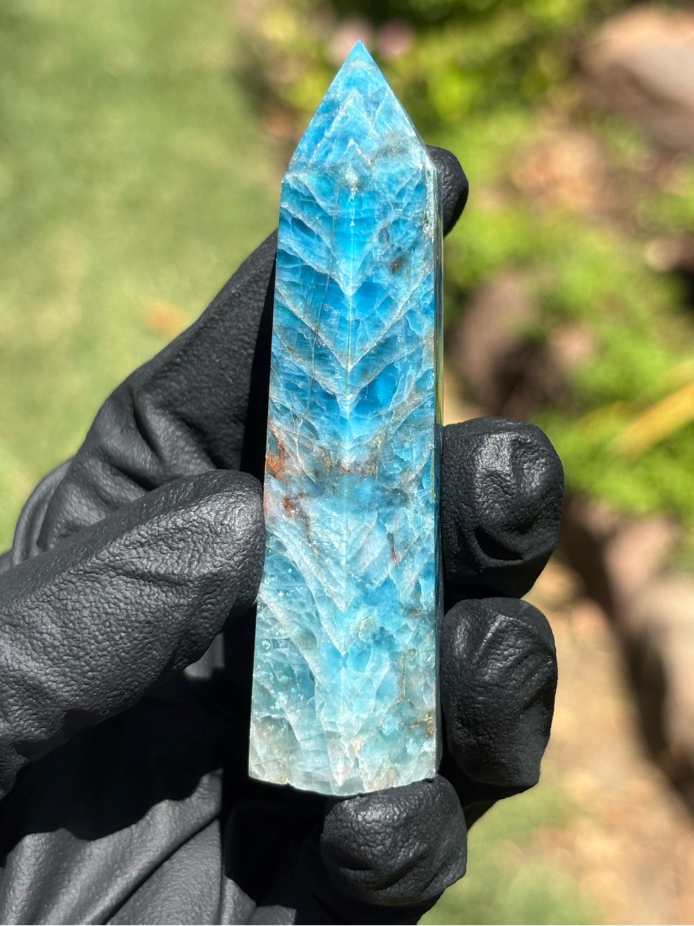 Blue Apatite Tower with Chip